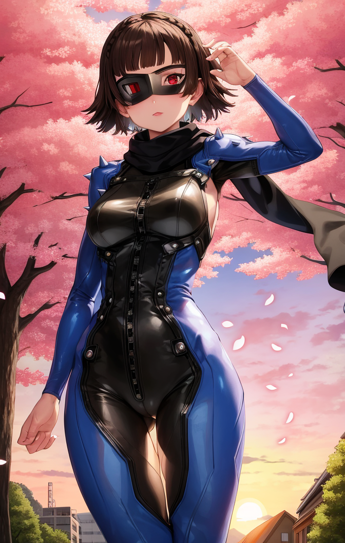 50971-1127951549-masterpiece, soft lighting, scenic background, sunset, cherry blossom trees, vanishing point, dark bodysuit, spikes, scarf, lace.png